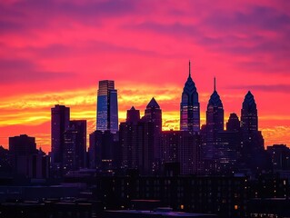 Fototapeta premium city skyline at sunset, featuring iconic buildings silhouetted against a vibrant orange and pink sky, capturing the essence of urban life and the beauty of twilight