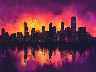 Fototapeta premium city skyline illuminated by a stunning sunset, where the vibrant oranges and purples blend seamlessly into the silhouette of urban architecture, evoking a sense of wonder and beauty in urban settings