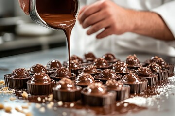 Professional confectioner pouring melted dark chocolate over a tray of delicious chocolates during the preparation of a dessert