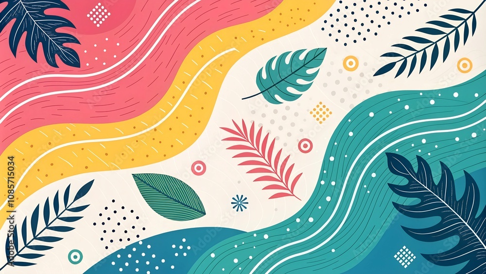 Poster colorful abstract geometric leaf pattern with wavy lines and dots