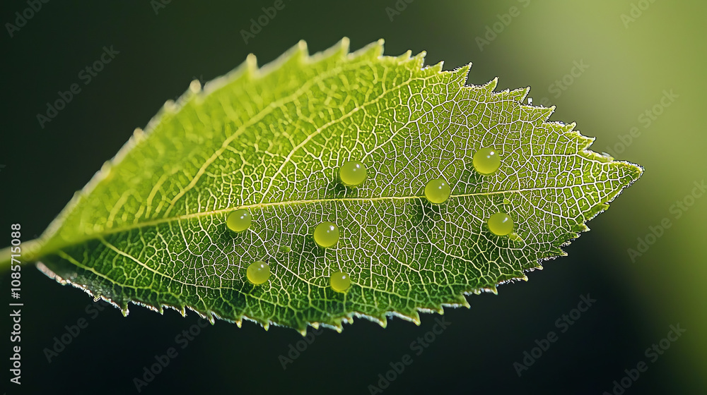 Poster close-up view of a green leaf showing tiny insect eggs with dew drops in soft morning light