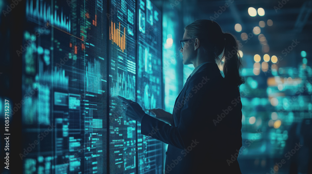 Poster two businesspeople engaged in a discussion analyzing a graph displaying fluctuating data trends in a