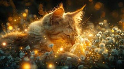 Playful cat among sparkling wildflowers enchanted garden nature photography soft glow whimsical beauty