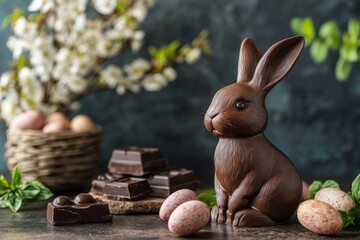 Chocolate easter bunny sitting near chocolate bars and eggs with spring flowers on background