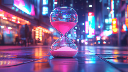 A digital hourglass with colorful lighting contrasts, symbolizing the passage of time and the blending of technology with natural processes, creating a modern, artistic representation of time flow and