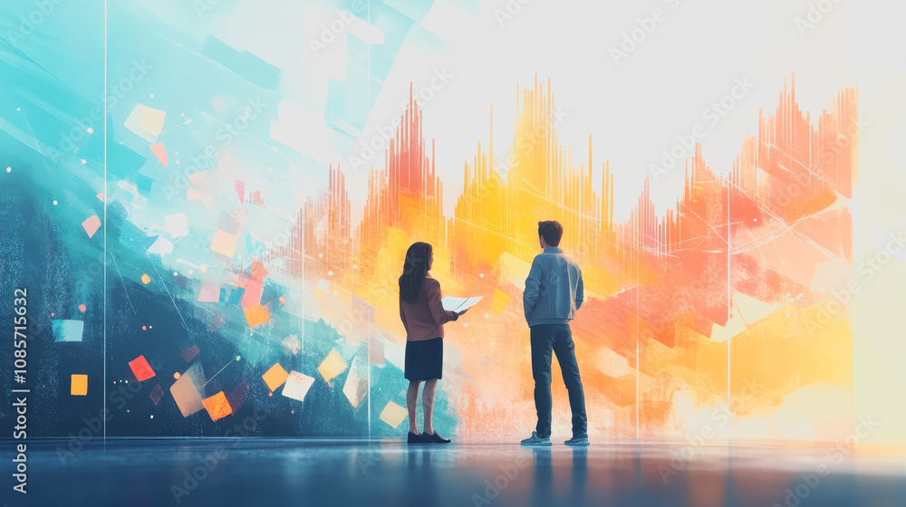 Poster two businesspeople engaged in a discussion about fluctuating graphs in a modern office environment w