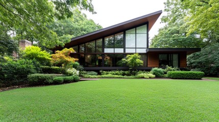 Modern house with large windows surrounded by lush greenery.