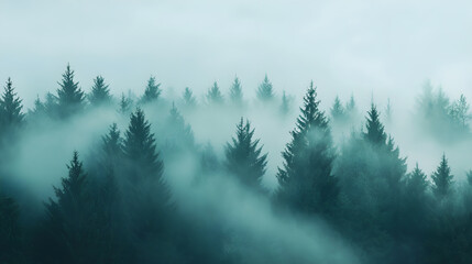Fototapeta premium Misty forest landscape with mysterious trees and foggy atmosphere