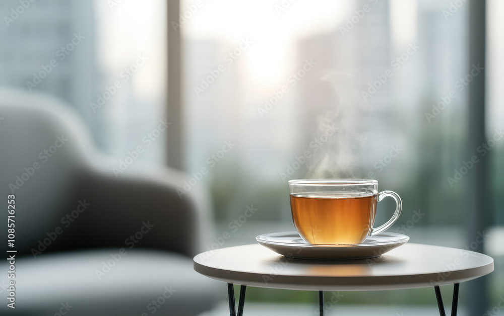 Poster serene morning capture of steaming glass teacup on table, with soft light filtering through window, 