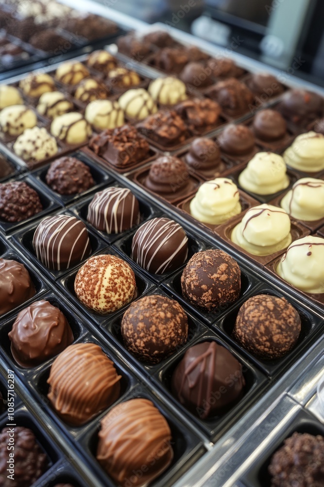 Aufkleber display of delicious assorted chocolate pralines with various flavors and toppings, creating a tempt