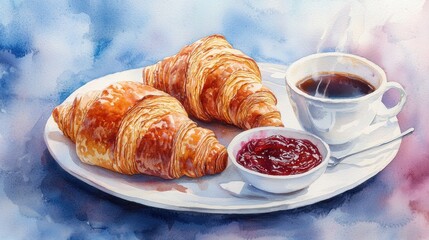 A delightful watercolor painting featuring two golden croissants on a plate with a cup of coffee and a side of jam.