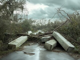 collapsed concrete poles and fallen trees illustrating the aftermath of a hurricane, capturing the raw power of nature and the impact on the environment