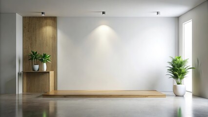 Fototapeta premium Minimalist interior design with wooden platform and potted plants