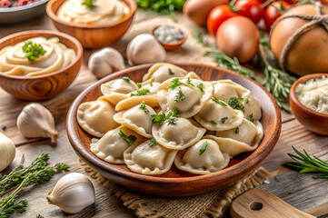 A rustic bowl of dumplings garnished with herbs, surrounded by fresh ingredients like garlic and tomatoes, evoking a cozy, home-cooked meal vibe.
