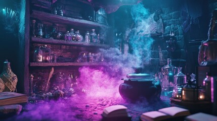 A cauldron with steaming purple and blue smoke sits in the middle of a dimly lit, stone room. Books, bottles, and other alchemy tools are scattered around the room.