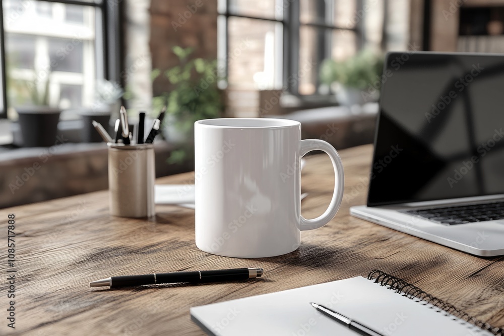 Aufkleber white mug standing on a wooden desk with a laptop and a notebook in a modern office with large windo