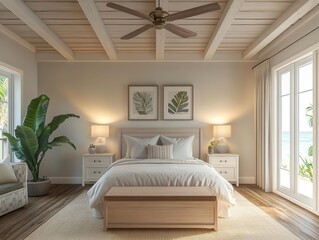 cozy coastal bedroom mockup showcasing simple yet stylish interior design, with soothing colors and natural light, perfect for relaxation