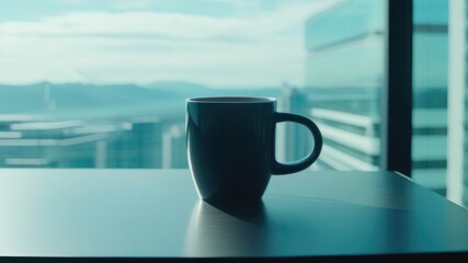 Ceramic Mug With Drink On Desk In Office Large Panoramic Window Office Morning Cybernetics Style Text Space