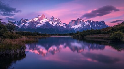 Sunset Reflections over Majestic Mountains and Tranquil Lake