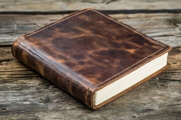 Obraz premium Closed vintage leather book lying on a weathered wooden table, evoking a sense of history and knowledge
