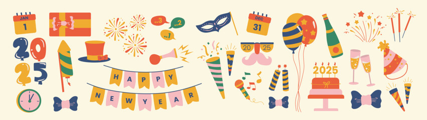 Set of New Year Party Essentials Illustrations