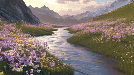 A winding river flows through a lush meadow with wildflowers in bloom, set against a backdrop of snow-capped mountains.
