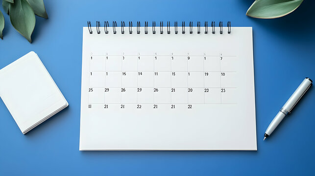 Flatlay of open desk calendar, pen, notepad, and plants on blue background.