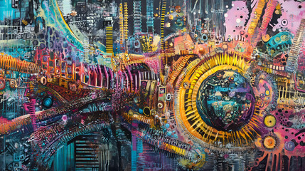 Surreal Futuristic Metropolis: Neural Network Dream, Robot, Vivid Colors