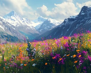 Untouched nature otherworldly, Dreamlike Meadow Under Majestic Mountains