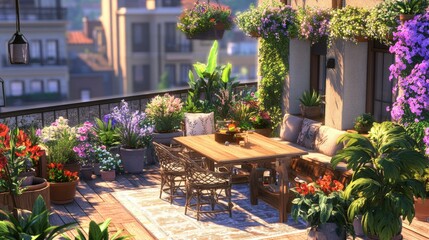 Fototapeta premium Lush Urban Rooftop Garden with Vibrant Flowers, Cozy Seating Area, and Beautiful Cityscape in the Background for a Serene Outdoor Retreat