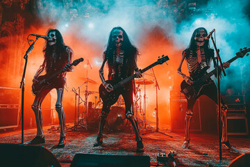 Skeleton rock band performing live on stage, playing electric guitars and singing into microphones