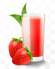 A glass of fresh strawberry juice or smoothie. Cup of cocktail or yogurt with strawberry, isolated on transparent background. Realistic 3d vector illustration