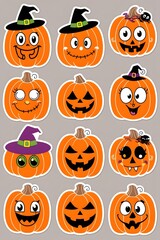A Collection of Twelve Adorable Halloween Pumpkins with Diverse and Whimsical Facial Expressions, Wearing Witch Hats and Adorned with Festive Halloween Elements.