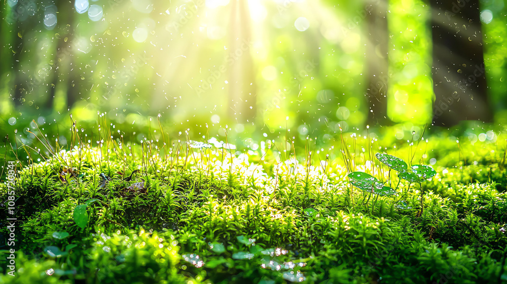 Poster a close-up of a lush green moss-covered forest floor illuminated by soft sunlight filtering through 