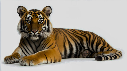 Fototapeta premium Tiger standing majestically on a clean white background, isolated wildlife portrait