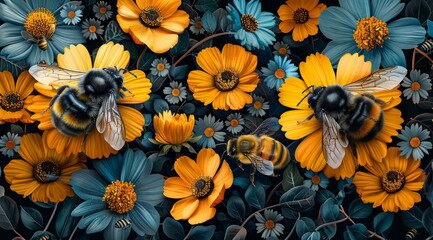 Two bumblebees pollinating vibrant orange and blue flowers.