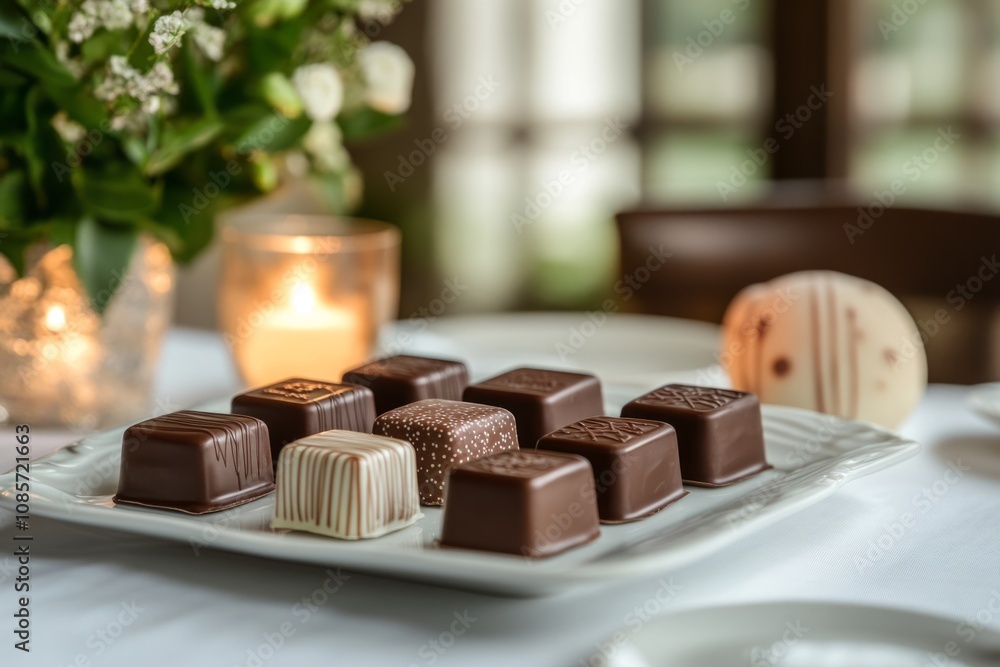 Poster chocolate pralines arranged on a white plate, creating a luxurious and inviting atmosphere with a so