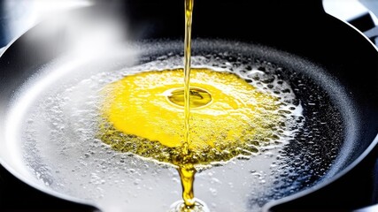 Boiling oil, olive oil boils in a pan. cook in skorod, grease splashes, yellow olive, black skillet