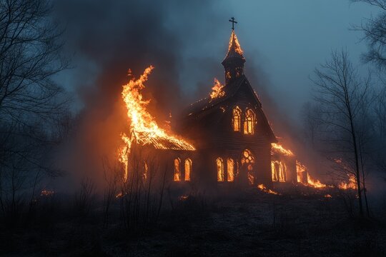Flames engulfing a church at night, creating a dramatic scene of destruction and loss