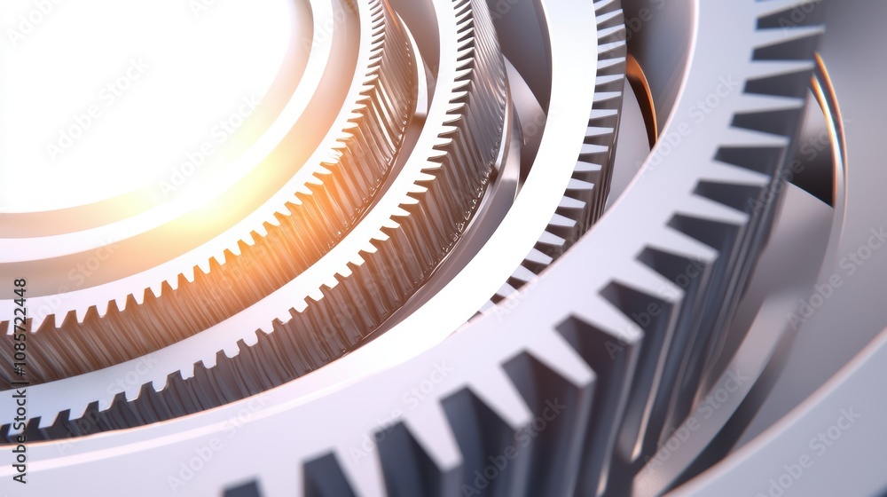 Poster a close-up view of metallic gears interlocked, showcasing intricate details and a glowing light effe