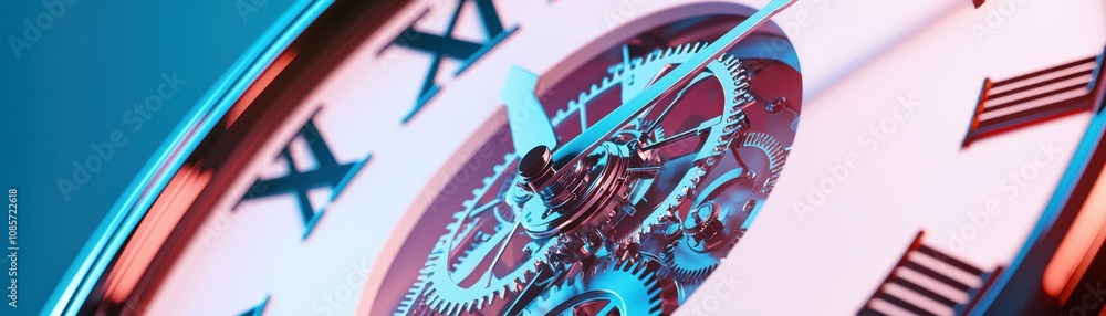 Poster a close-up of a watch face, highlighting intricate gears and a colorful design, showcasing precision