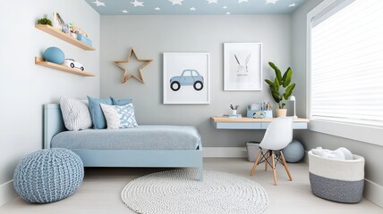 A cozy and modern children's room with elegant decor and calming colors.