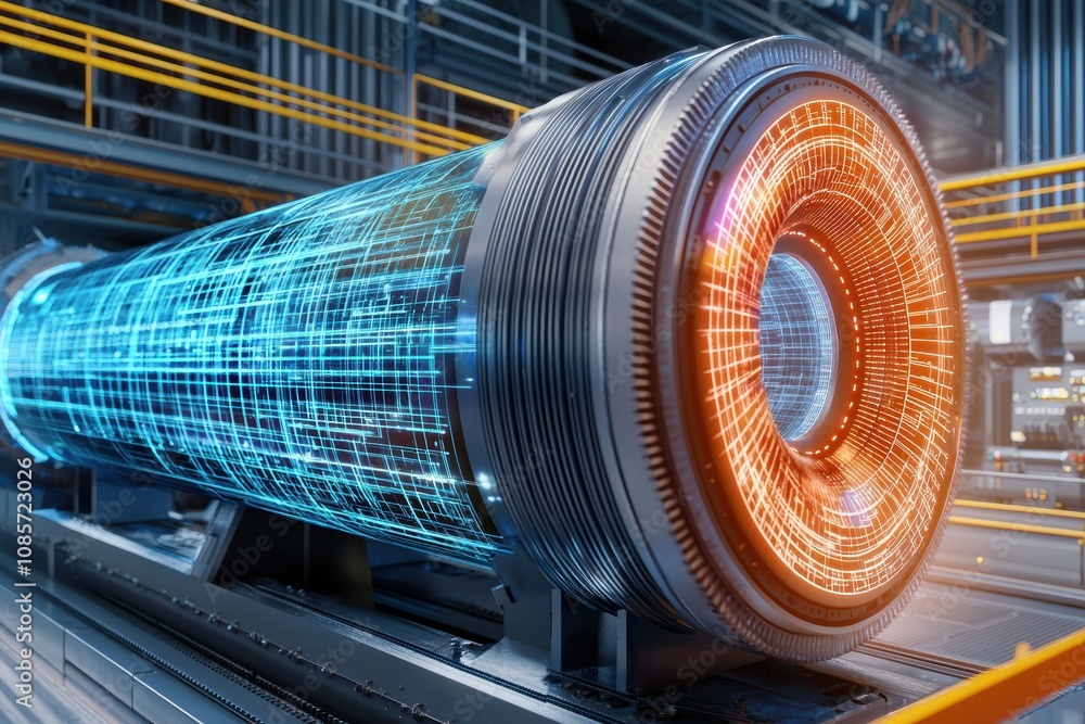 Aufkleber a futuristic cylindrical device with glowing blue data patterns and an orange energy core, set in a 
