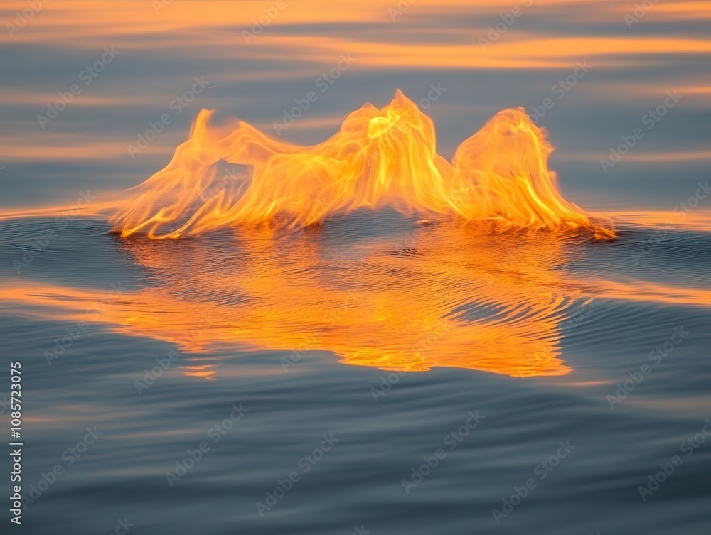 Poster dynamic waves of orange flames rising above tranquil water surface, creating a striking contrast bet