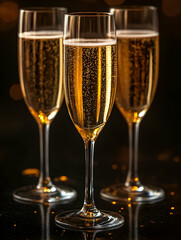 Three glasses of sparkling wine on a dark background with bokeh lights.
