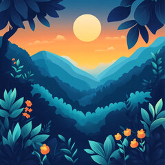 Serene Sunset Vista: Lush Foliage Frames Mountain Range at Dusk