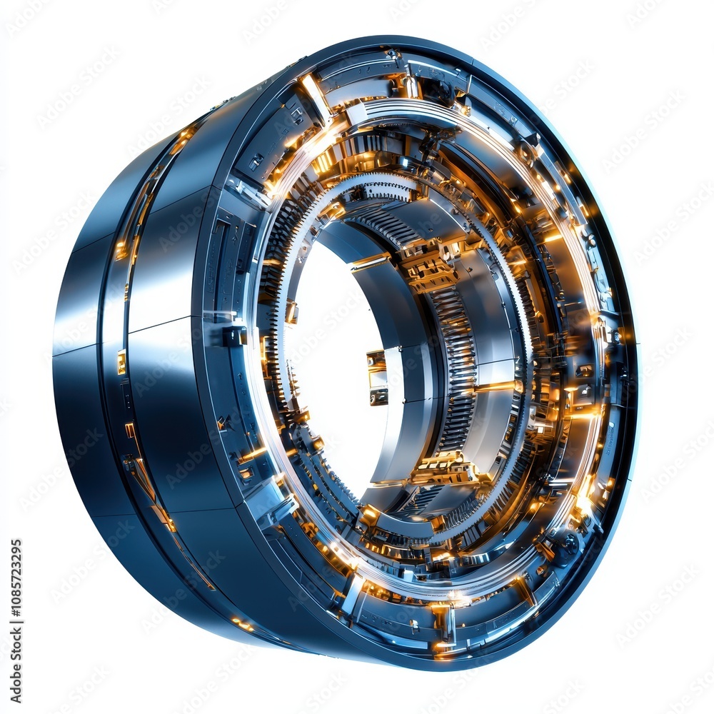 Poster a futuristic, metallic circular object with intricate circuitry and glowing elements, suggesting adv