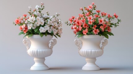 Two White Urns with Floral Patterns Colorful Bouquets in Outdoor Setting