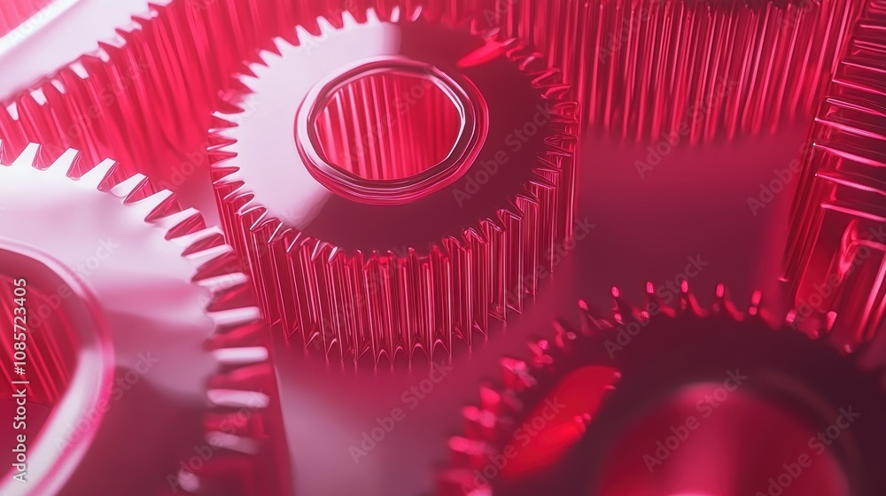 Poster a close-up view of interlocking gears with a striking red hue, showcasing intricate details and text