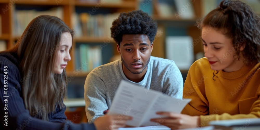 Poster three students collaborate on a project in a library setting. they are engaged in discussion and sha